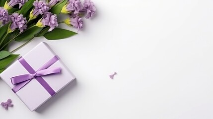 small bouquet of purple flowers on a white background with a gift box