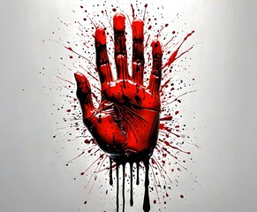A single, vivid red handprint with blood trails against a grey backdrop. Captures the essence of a horror story or a crime scene investigation. AI generation AI generation