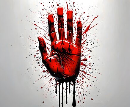A single, vivid red handprint with blood trails against a grey backdrop. Captures the essence of a horror story or a crime scene investigation. AI generation AI generation