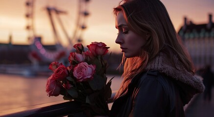 a woman with a bouquet of flowers standing near a bridge to london eye - obrazy, fototapety, plakaty