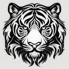 Obraz premium A black and white drawing of a tiger's face Tattoo design, coloring book page.