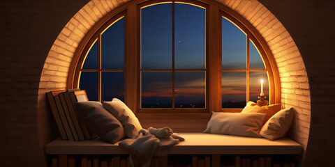 Cozy reading nook with a view of the night sky, pillows, books and a candle on the windowsill
