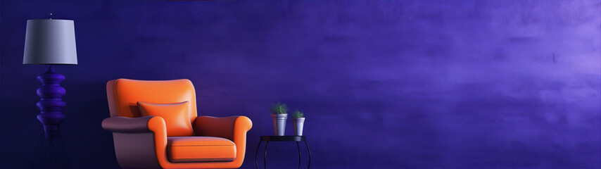Armchair and lamp in purple room, 3d rendering, purple and orange colors, interior design