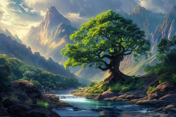 A sprawling green tree of life fed by the torrents of a raging mountain river