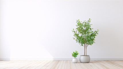Two plants in pots stand in front of a white wall in a room with white wooden floor.