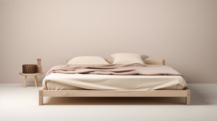 Minimalist bedroom interior with wooden bed and neutral bedding against beige wall
