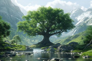 A sprawling green tree of life growing in the mountains near a raging mountain river - obrazy, fototapety, plakaty