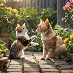 Beautiful picture of two cats playing in a backyard - obrazy, fototapety, plakaty