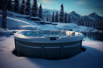 Foto op Plexiglas Hot tub in snowy landscape with mountains and forest, 3d illustration © camelia