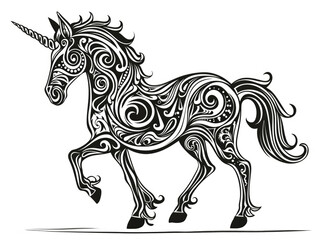 A black and white drawing of a unicorn, coloring book for kids.