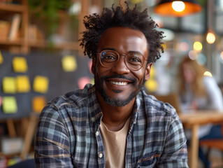 Un homme d'origine africaine souriant devant un tableau blanc recouvert de post-it, design thinkg, réunion brainstorming en entreprise ou en école de design