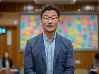 Fototapeta premium Un homme d'origine asiatique fait un cours devant un tableau blanc recouvert de post-it, études supérieures, école, faculté, université ou école d'ingénieur ou de design