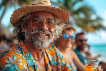 Elderly enjoying beachside bliss with vibrant shirts and drinks under the sunny sky.
