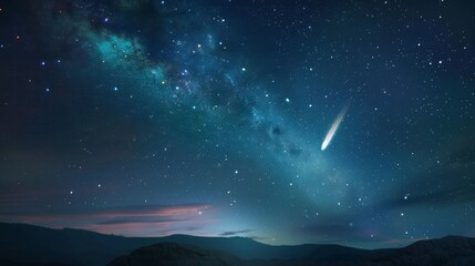 Space wallpaper. Breathtaking moment as a comet streaks through the heavens, its luminous tail trailing behind like a celestial brushstroke across the canvas of the night