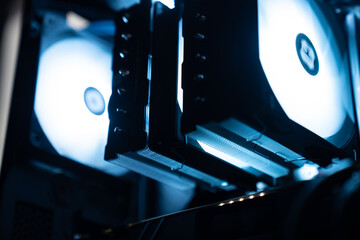 Detail of the interior of the PC gamer case. Motherboard, CPU tower cooling, memory, graphic card...