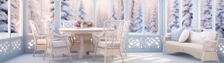White wicker furniture in a snowy sunroom with a view of snow-covered pine trees.