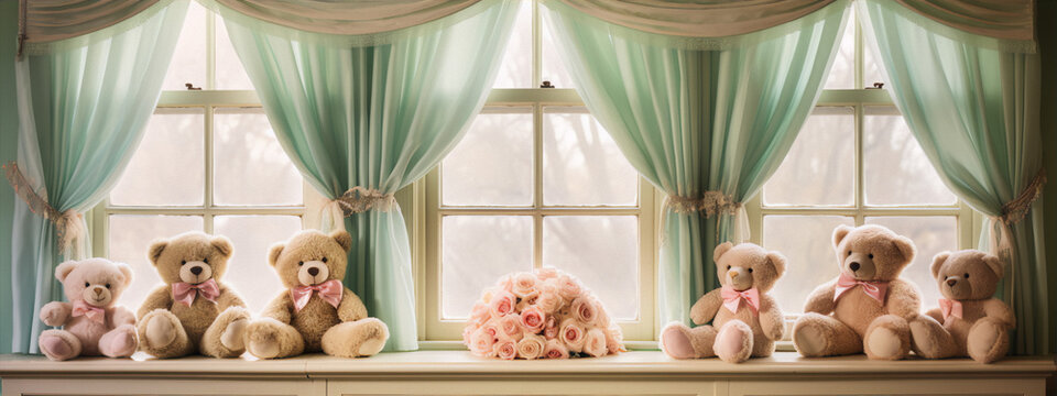 The image is of five teddy bears sitting on a window sill with a bouquet of roses in the middle. The curtains are light green and the background is white. The image is in the art style of realism.