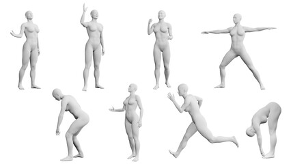 Athletic Young Woman in Various Poses, Multiple Views (Front, Back, Side).