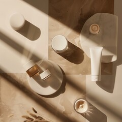 Cosmetic and hair care products laying out on marble background. Generated by artificial intelligence.