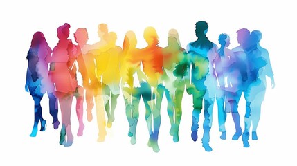 colorful watercolor silhouette of diverse people walking forward unity in diversity concept - obrazy, fototapety, plakaty