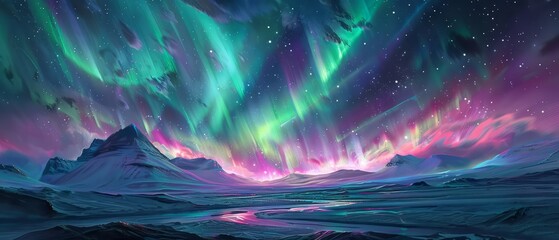 Space wallpaper. Mesmerizing dance of the auroras swirling across the night sky, painting it with vibrant hues of green, purple, and pink against a backdrop of twinkling stars