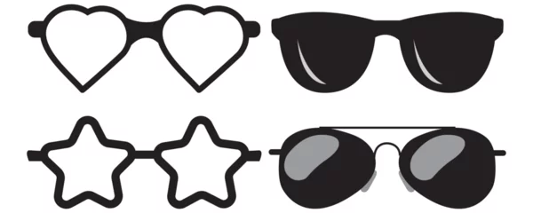 Fotobehang Sunglasses icons. Black sunglass, mens glasses silhouette and retro eyewear icon. Polarized geek glasses, hipster sun lens ocular. Isolated symbols vector set © Suparna