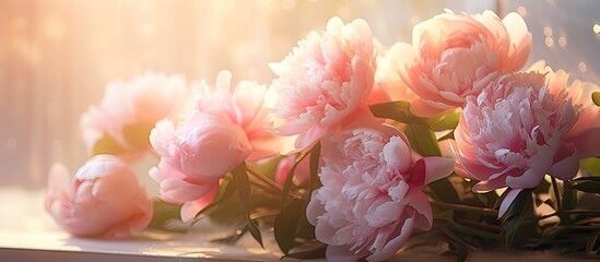 A collection of pink peonies is neatly arranged on a window sill, casting light and shadows against the blurred background. - obrazy, fototapety, plakaty
