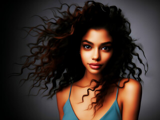 Fototapeta premium portrait of a young woman with black long curly hair, a beautiful girl model, gorgeous supermodel, tan skin, angel