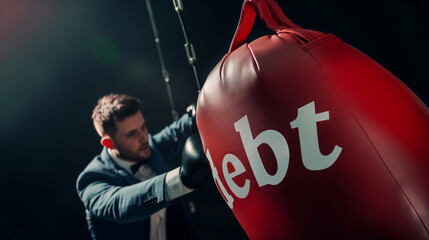 Businessman Fighting Debt Concept - Man Boxing a Red 'Debt' Punching Bag