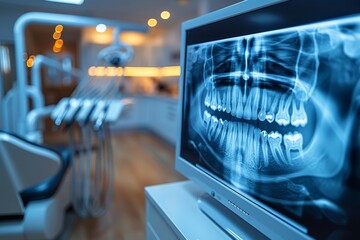 An image of a dentist's chair and tools with an x-ray picture on TV in the background. This image shows dental care, dental hygiene, checkups, and therapy for dental problems. - obrazy, fototapety, plakaty