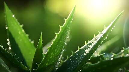 Green aloe vera leaf with dew drops background