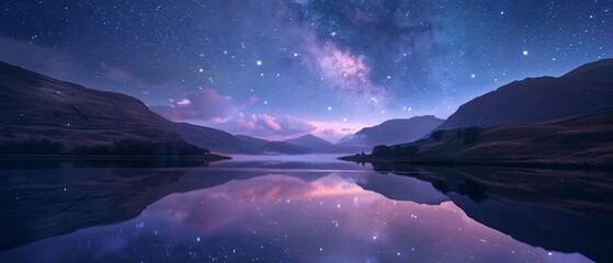 Space wallpaper. Serene scene of a tranquil lake reflecting the star-studded night sky above, capturing the timeless beauty of the cosmos mirrored in the still waters below - obrazy, fototapety, plakaty