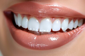 Stunning smile. Whitening teeth. Dental care concept. Close-up of beautiful lips and teeth on white background.