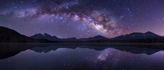 Space wallpaper. Serene scene of a tranquil lake reflecting the star-studded night sky above, capturing the timeless beauty of the cosmos mirrored in the still waters below
