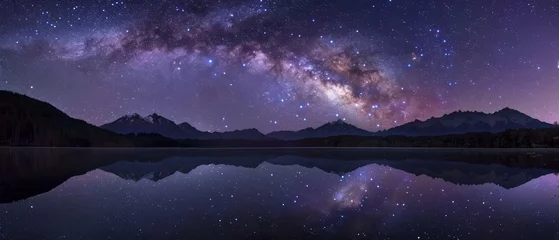 Foto auf Acrylglas Antireflex Space wallpaper. Serene scene of a tranquil lake reflecting the star-studded night sky above, capturing the timeless beauty of the cosmos mirrored in the still waters below © Artem