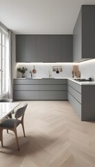 A three-dimensional representation of a minimalist kitchen in Paris including grey cabinetry, a white marble countertop, and a wood herringbone floor