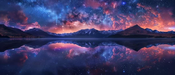 Papier Peint photo Lavable Réflexion Space wallpaper. Serene scene of a tranquil lake reflecting the star-studded night sky above, capturing the timeless beauty of the cosmos mirrored in the still waters below
