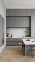 A three-dimensional representation of a minimalist kitchen in Paris including grey cabinetry, a white marble countertop, and a wood herringbone floor