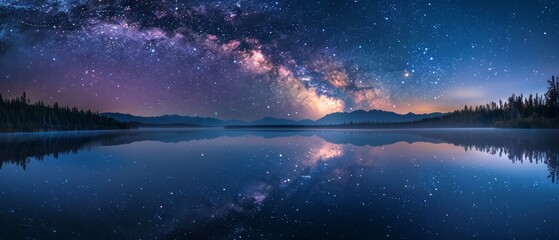 Space wallpaper. Serene scene of a tranquil lake reflecting the star-studded night sky above, capturing the timeless beauty of the cosmos mirrored in the still waters below