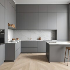 A three-dimensional representation of a minimalist kitchen in Paris including grey cabinetry, a...