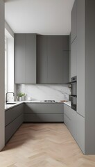 A three-dimensional representation of a minimalist kitchen in Paris including grey cabinetry, a white marble countertop, and a wood herringbone floor