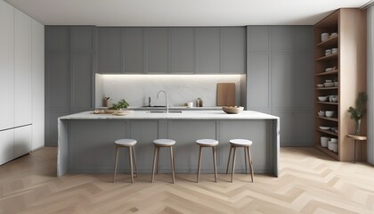 A three-dimensional representation of a minimalist kitchen in Paris including grey cabinetry, a white marble countertop, and a wood herringbone floor