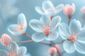 Fotobehang A close-up macro of small white flowers on a gently toned on background of soft blue and pink. Spring summer border template floral background. Light air delicate artistic image. © DZMITRY