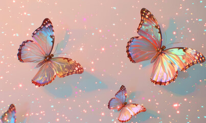 ethereal butterflies with sparkling light effects on a peach background