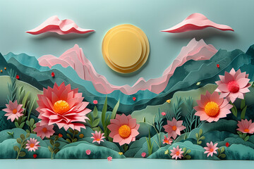 A painting depicting vibrant flowers against a mountain backdrop with a sun shining in the background, mothers day or international womens day or 8 march or easter day