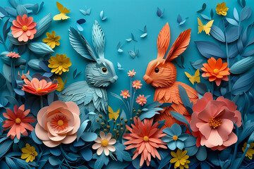 Fototapeta premium A paper sculpture of a rabbit surrounded by colorful flowers, created for Easter celebrations