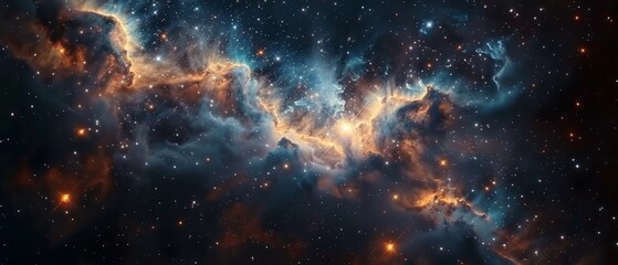 Stunning contrast between the fiery glow of a distant nebula and the icy brilliance of nearby stars, highlighting the intricate interplay of light and shadow within the cosmic landscape - obrazy, fototapety, plakaty