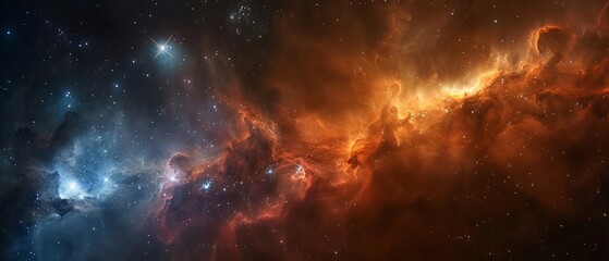 Stunning contrast between the fiery glow of a distant nebula and the icy brilliance of nearby stars, highlighting the intricate interplay of light and shadow within the cosmic landscape