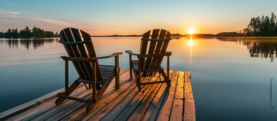 wooden chairs on a wooden pier on the blue water of a lake - obrazy, fototapety, plakaty