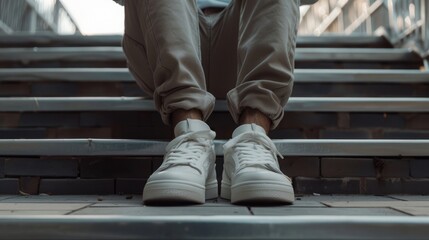 man is sitting on the stairs. Lifestyle photography. Urban wallpaper. Interior poster. Look book. Hype sneakers. Best - obrazy, fototapety, plakaty